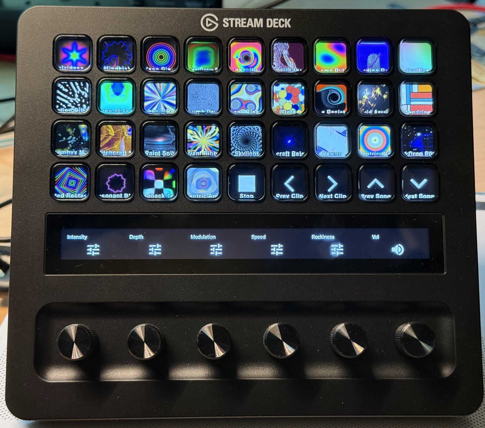 Elgato Stream Deck with Visibox plugin showing live clip thumbnails on the buttons