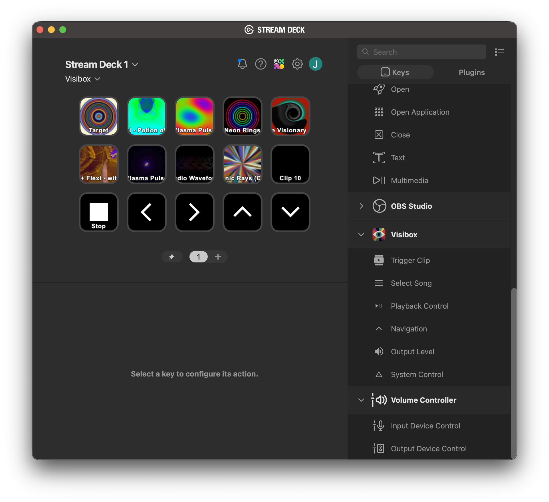 Elgato Stream Deck software showing Visibox actions in the sidebar and a configured button layout