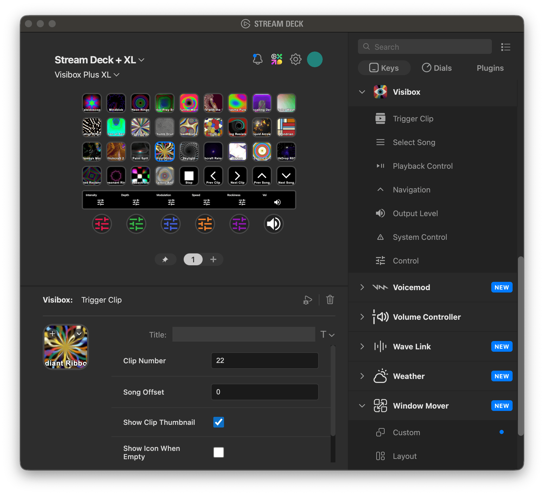 Elgato Stream Deck software showing Visibox actions in the sidebar, a configured button layout, and the Trigger Clip settings for a selected key