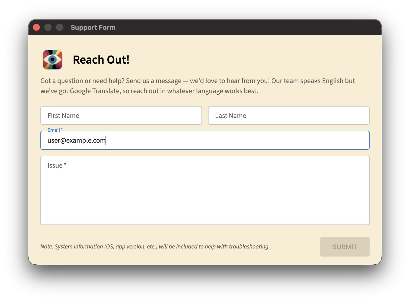 Visibox Support window with name, email, and message fields