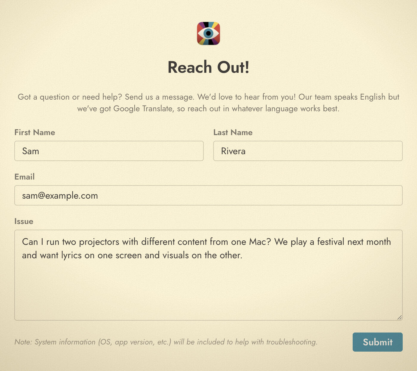 Visibox Support window with name, email, and message fields