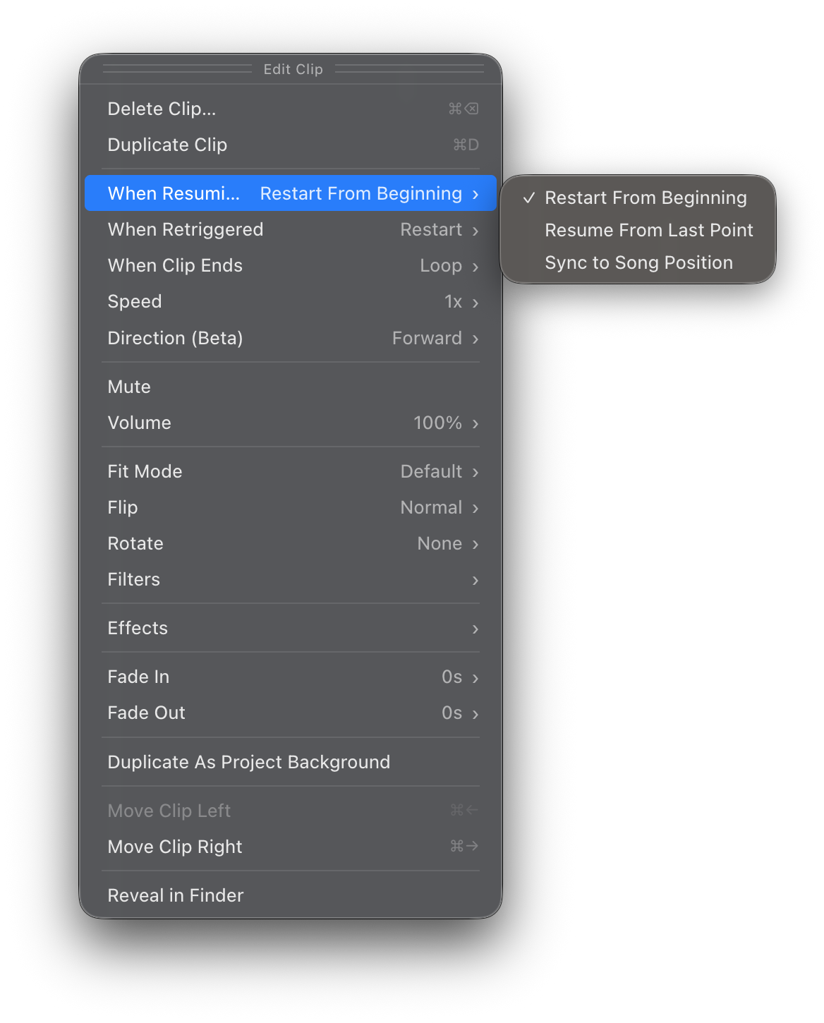 When Resuming menu showing the Sync to Song Position option