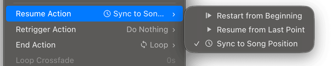Resume Action options showing Sync to Song Position