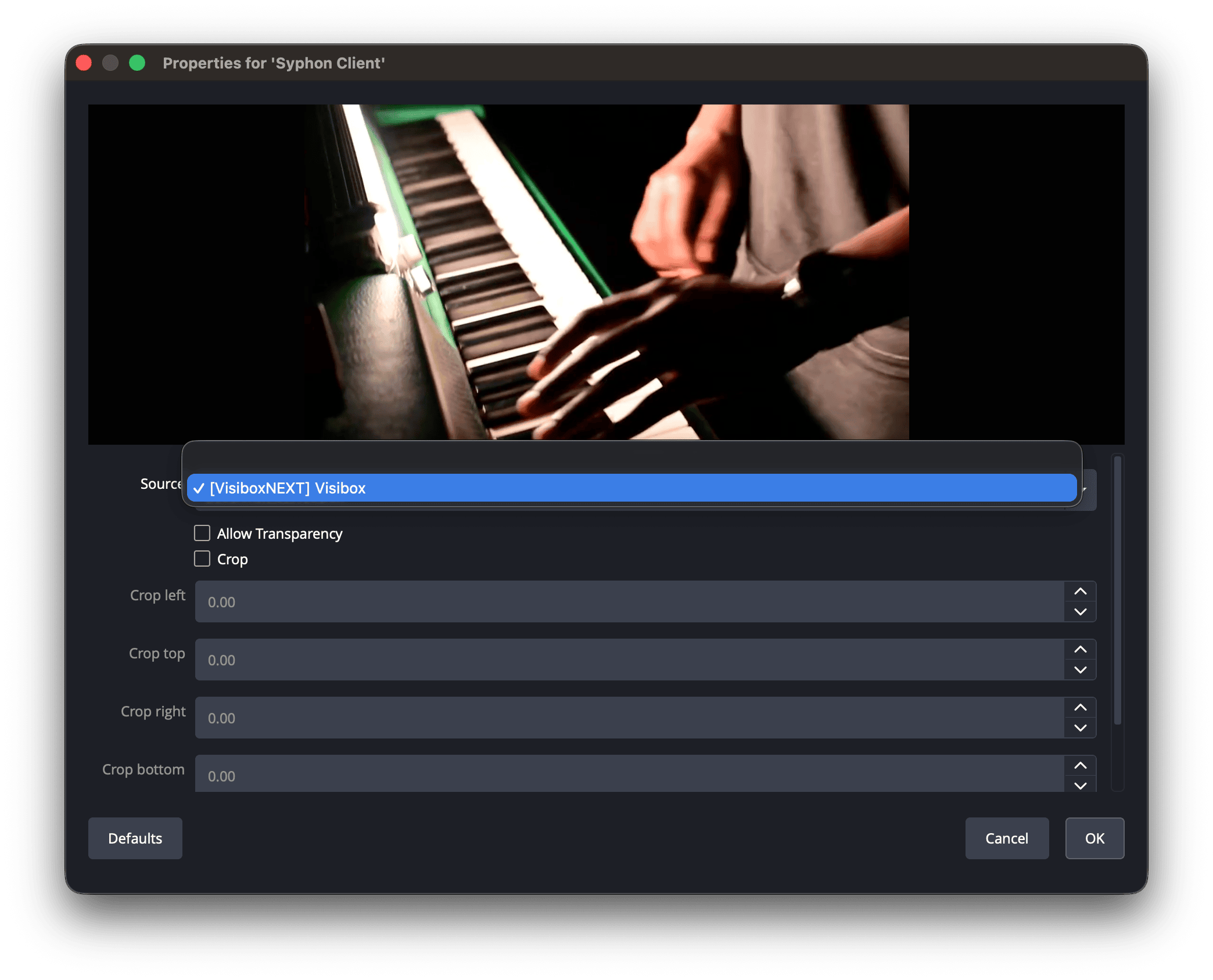 A macOS application listing a Visibox Syphon source among its available inputs