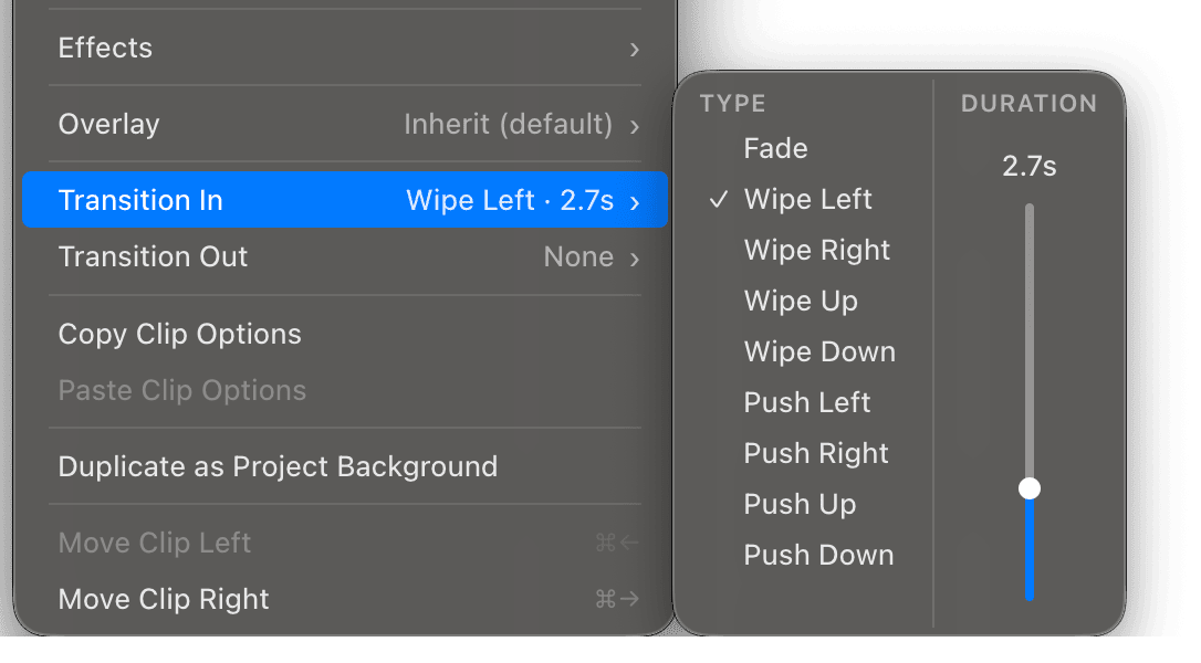 The Transition In options with a shape list and a duration slider