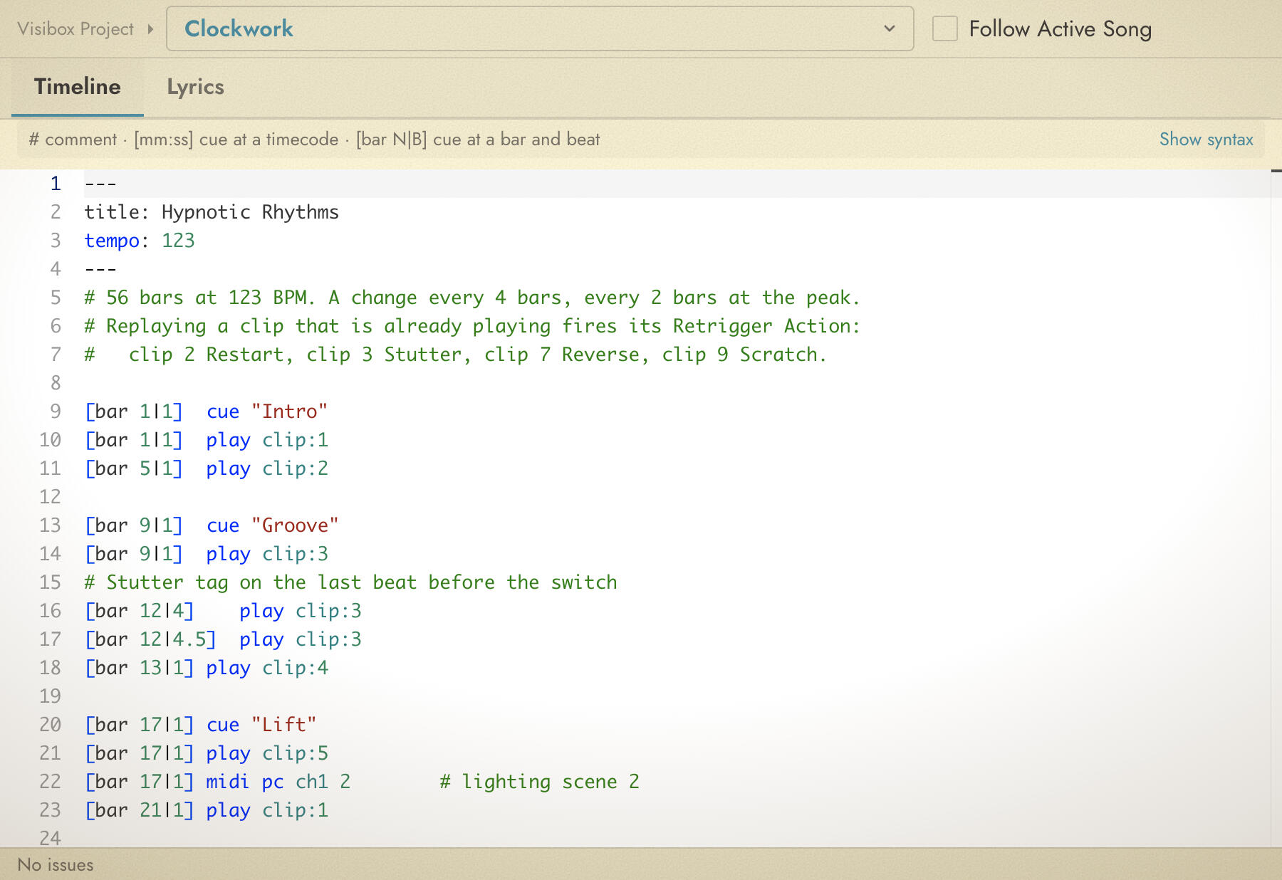 The Timeline Editor window with a cue list, the syntax help bar, and the status bar
