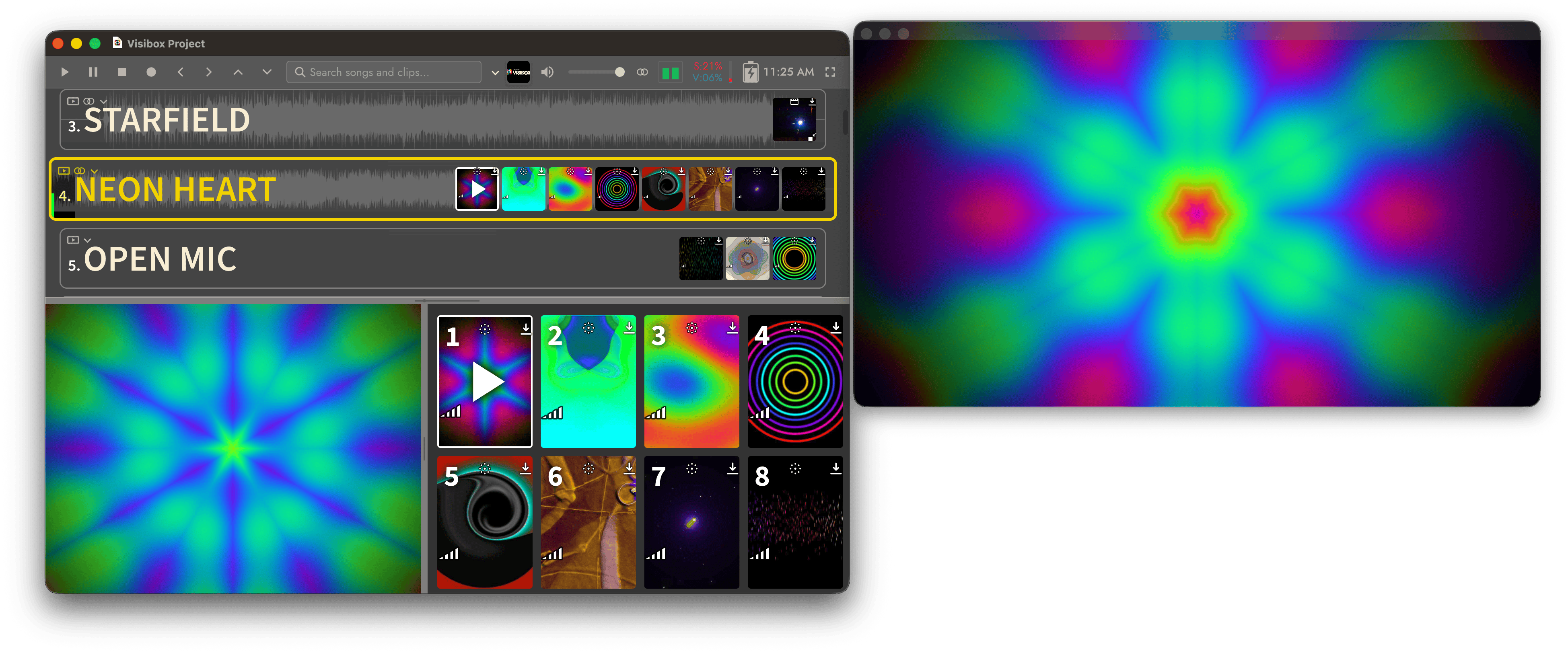 The Controller window with a Song playing, beside the Output window showing the same Visualizer