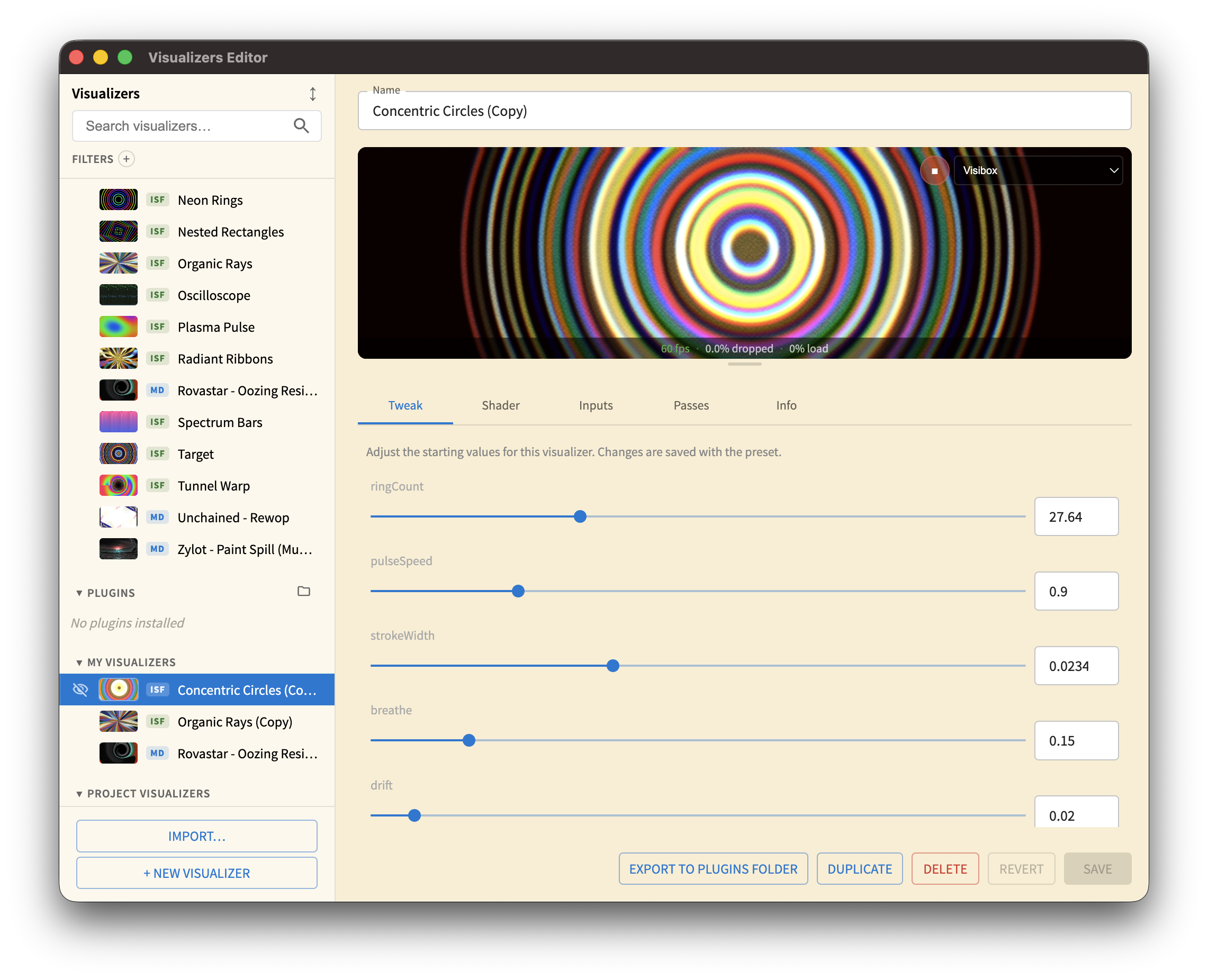 Visualizers Editor window with preset list on the left and MilkDrop editor tabs on the right