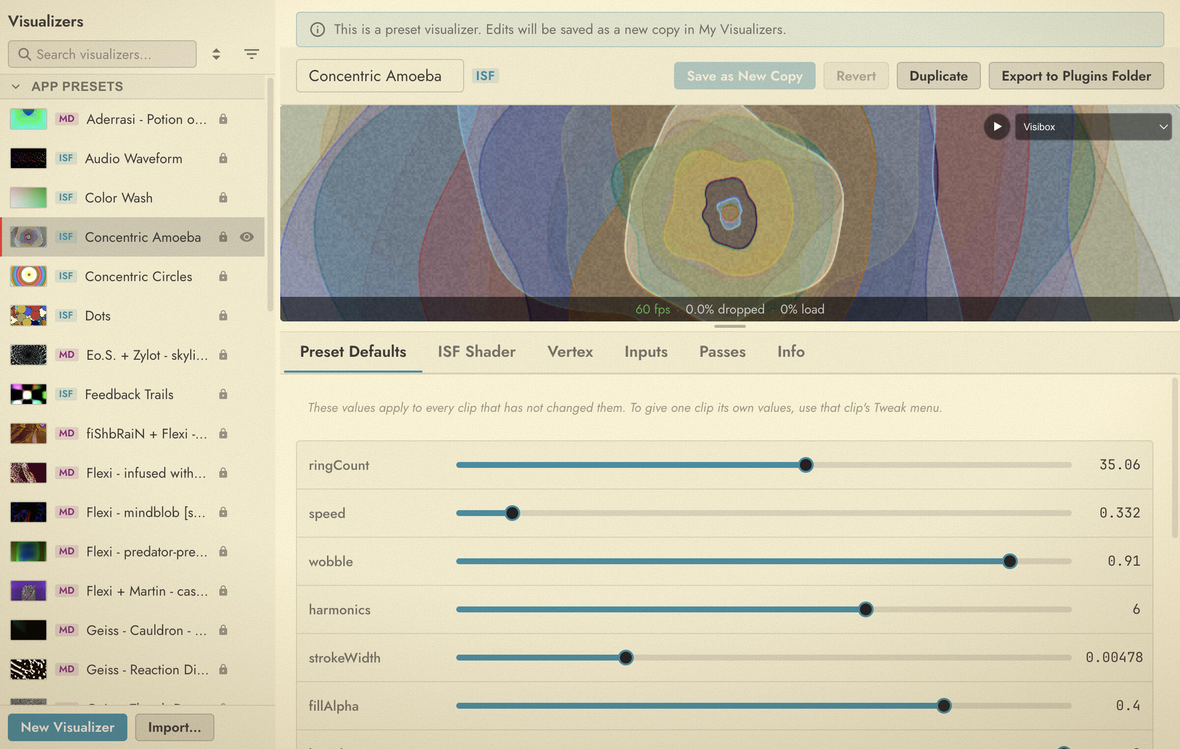 The Visualizers editor with the preset list on the left and MilkDrop editor tabs on the right